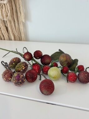 Vintage beaded & sugared mini fruit and berries most on wire stems decor